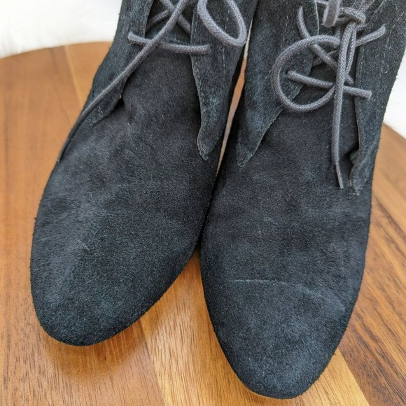 French Connection Dinah Ankle Booties 10 41 Black Suede Lace Up Block Heel Goth - Picture 5 of 13
